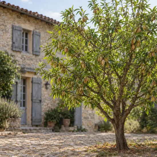 Amandier 'Ferraduel' (Prunus amygdalus) — arbre fruitier chargé de fruits devant maison en pierre