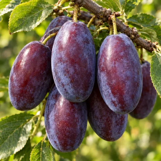 Prunier 'Belle de louvain' (Prunus domestica) — groupe de gros fruits ovales sur branche