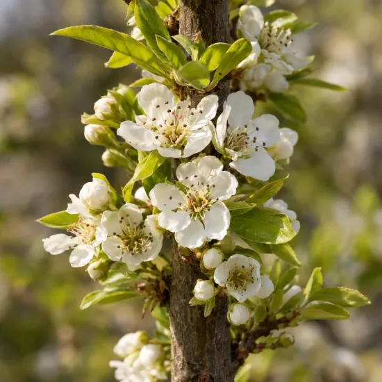 Poirier colonnaire 'Obelisk' (Pyrus communis) — grappes de fleurs blanches sur tronc vertical · Photo d'illustration