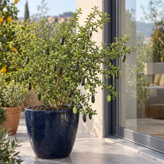Citronnier caviar 'D'esmerald' (Citrus australasica) — arbuste fruitier en pot sur terrasse ensoleillée