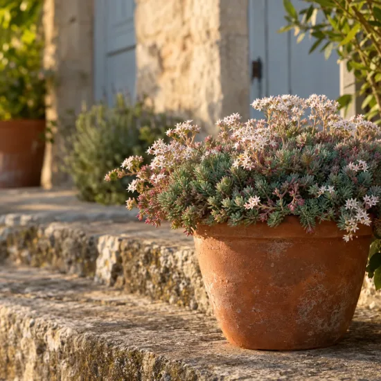 Orpin d'espagne (Sedum hispanicum) — plante succulente fleurie en pot sur marches · Photo d'illustration