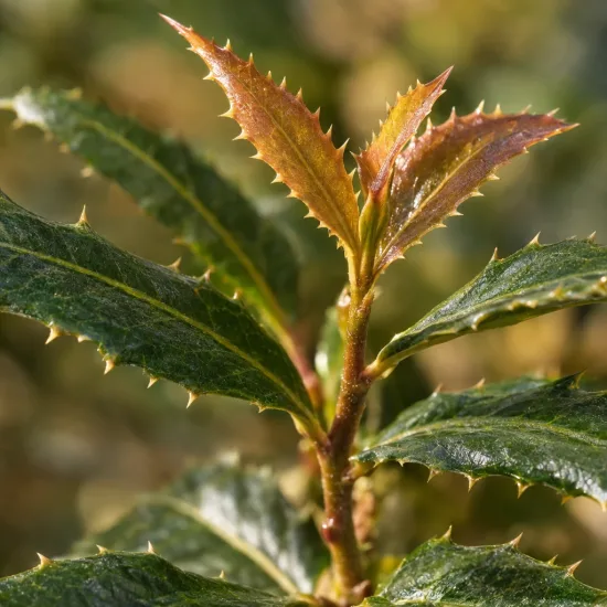 Osmanthe armée (Osmanthus armatus) — gros plan sur jeunes feuilles brillantes et épineuses · Photo d'illustration
