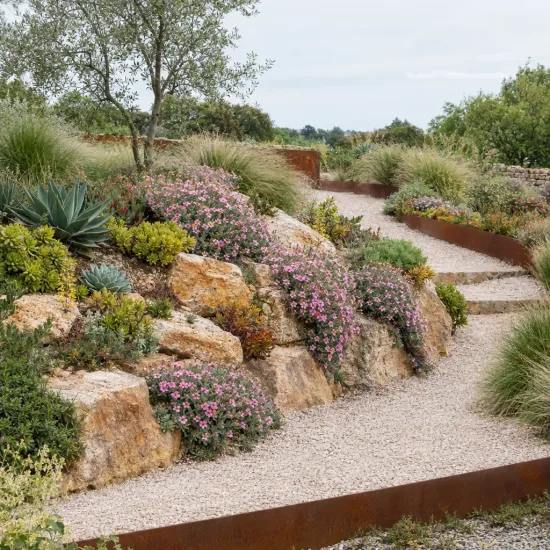 Succulente pour l'intérieur et l'extérieur (Oscularia deltoides) — massif rocailleux fleuri bordant une allée gravillonnée · Photo d'illustration