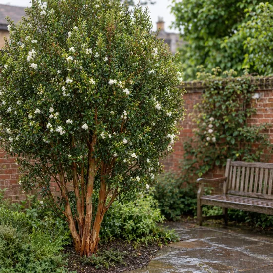 Myrte 'Luma' (Myrtus apiculata) — grand arbuste fleuri près d'un banc de jardin · Photo d'illustration