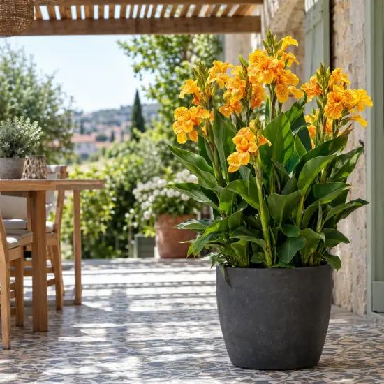 Balisier 'Gold leopard' (Canna cannova) — grand pot de fleurs jaunes sur terrasse