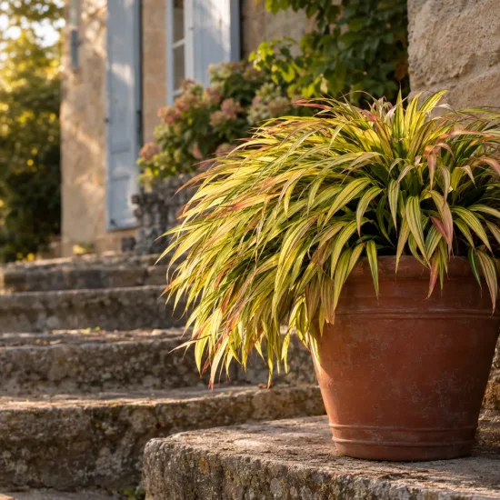 Herbe du japon 'Aureola' (Hakonechloa macra) — touffe de graminée panachée en pot terrasse · Photo d'illustration