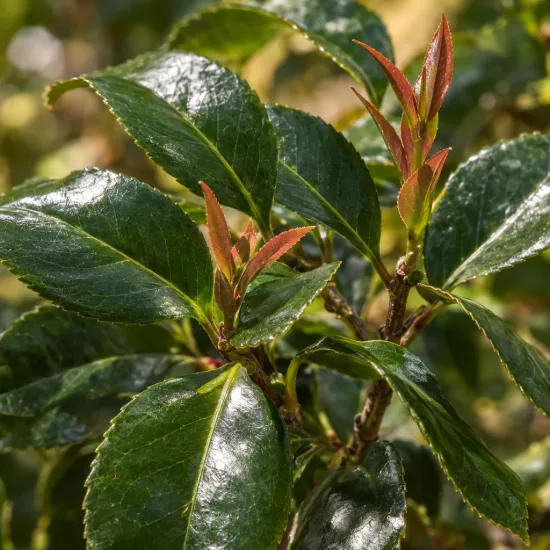 Camelia 'Red red rose' (Camelia japonica) — gros plan sur jeunes pousses rouges et feuillage · Photo d'illustration