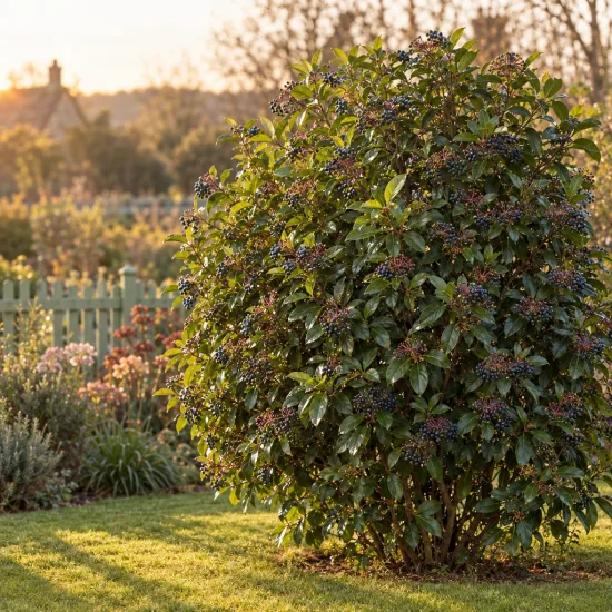 Laurier-tin 'Giganteum' (Viburnum tinus) — grand arbuste arrondi couvert de baies sombres · Photo d'illustration