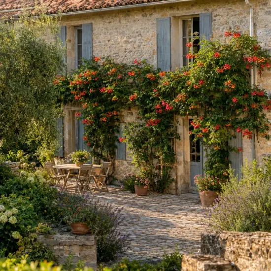 Bignonne 'Summer jazz tm fire trumpet vine' (Campsis) — façade en pierre avec grimpante fleurie et terrasse