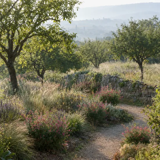 Sauge de graham 'Pink blush' (Salvia microphylla) — massif fleuri le long d'un sentier sinueux · Photo d'illustration