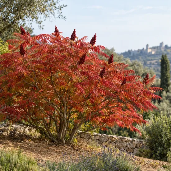 Sumac de virginie 'Laciniata' (Rhus typhina) — arbuste aux feuilles rouges avec épis dressés · Photo d'illustration