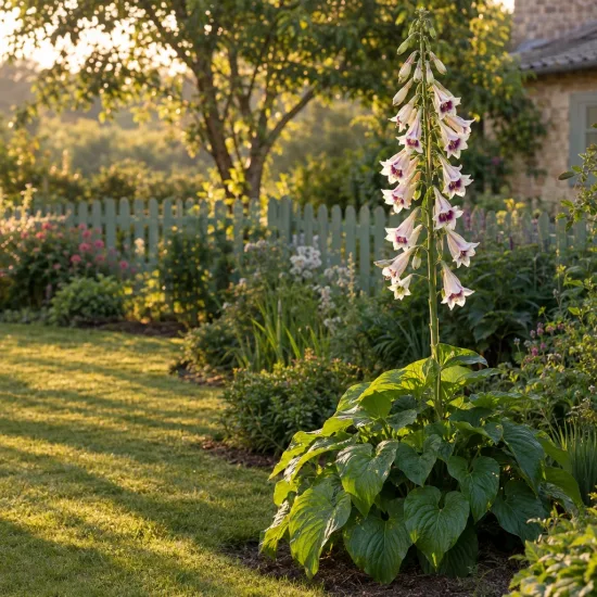 Lis géant de l'himalaya (Cardiocrinum giganteum) — grande hampe florale dressée dans un jardin · Photo d'illustration
