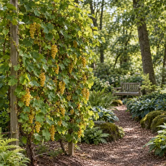 Vigne 'De table perle de csaba' (Vitis vinifera) — grappes de raisins jaunes sur treille au jardin · Photo d'illustration