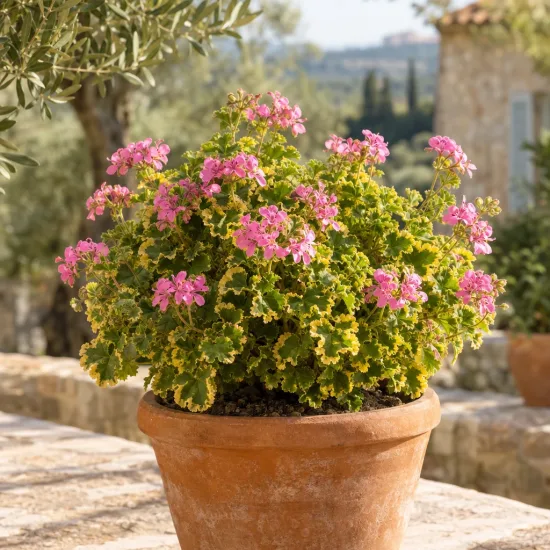 Géranium au parfum de citron 'Cy's sunburst' (Pelargonium crispum) — plante fleurie en pot terre cuite sur terrasse · Photo d'illustration