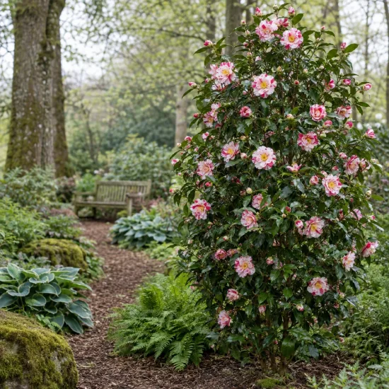Camélia du japon 'Paul jones supreme bicolore' (Camellia japonica) — grand arbuste fleuri bicolore dans massif de jardin · Photo d'illustration