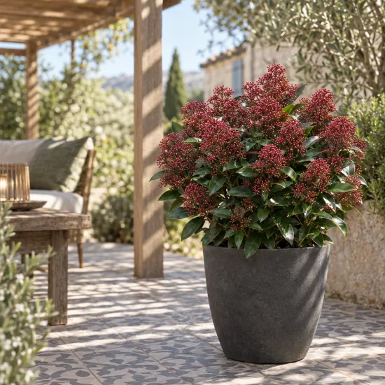 Skimmia du japon 'Rubella' (Skimmia japonica) — arbuste en pot sur terrasse carrelée ensoleillée · Photo d'illustration