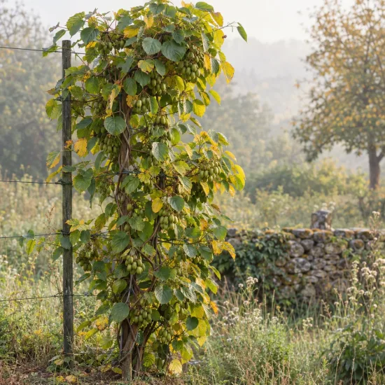Kiwaï 'Issaï' (Actinidia arguta) — plante grimpante garnie de fruits sur treillage · Photo d'illustration