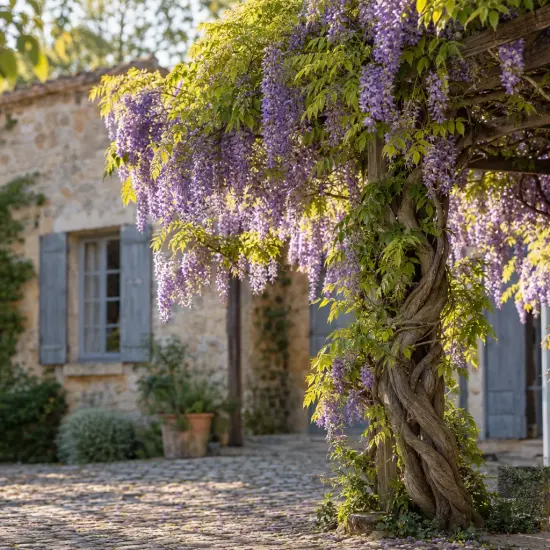 Glycine du japon (Wisteria floribunda) — grappes de fleurs retombantes sur pergola rustique