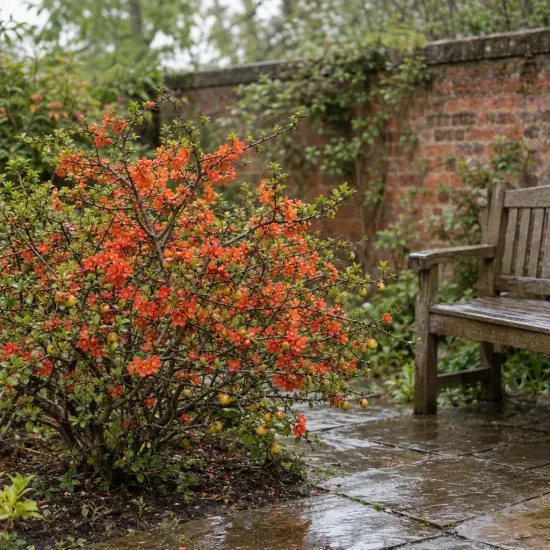 Cognassier du japon (Chaenomeles japonica) — arbuste fleuri orange près d’un banc en bois