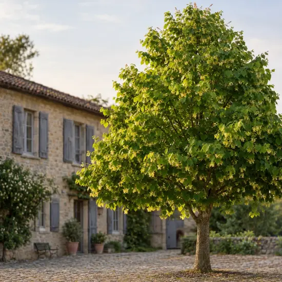 Tilleul commun 'Pallida' (Tilia europaea) — arbre isolé devant une maison en pierre