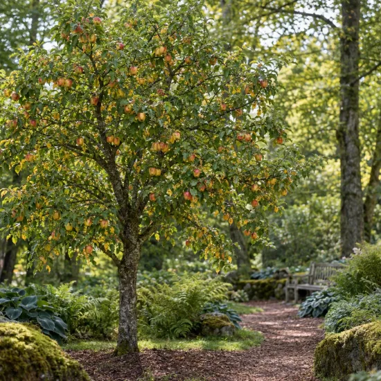 Pommier 'Usta churia' (Malus domestica) — arbre fruitier chargé de fruits dans jardin ombragé · Photo d'illustration