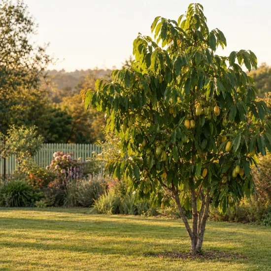 Asiminier sweet virginia 'Sweet virginia' (Asimina triloba) — arbre fruitier isolé chargé de fruits jaunes