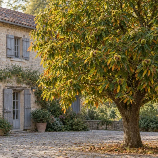 Châtaigner (Castanea crenata) — grand arbre couvert de bogues devant maison en pierre · Photo d'illustration