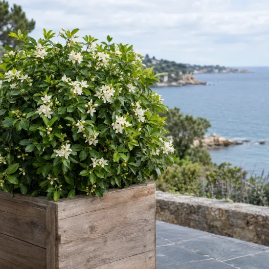 Oranger du mexique 'Greenfingers' (Choisya ternata) — arbuste fleuri en bac bois près de la mer · Photo d'illustration