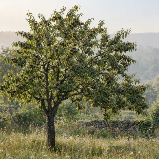 Cerisier 'Beltxa' (Prunus avium) — arbre isolé dans une prairie herbeuse · Photo d'illustration