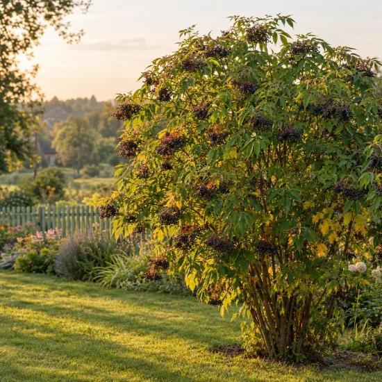 Sureau noir à gros fruits 'Haschberg' (Sambucus nigra) — grand arbuste fruitier au jardin ensoleillé · Photo d'illustration