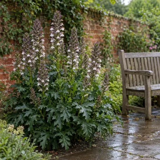 Acanthe hybride 'Morning candle' (Acanthus spinosus) — touffe de grandes hampes florales près d’un banc