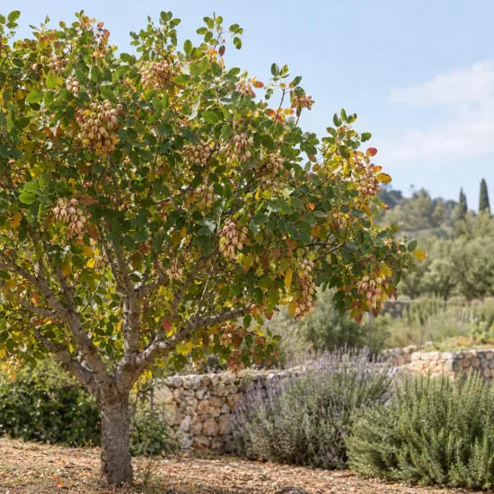 Pistachier vrai 'Sirora' (Pistacia vera) — arbre fruitier isolé dans un jardin sec · Photo d'illustration