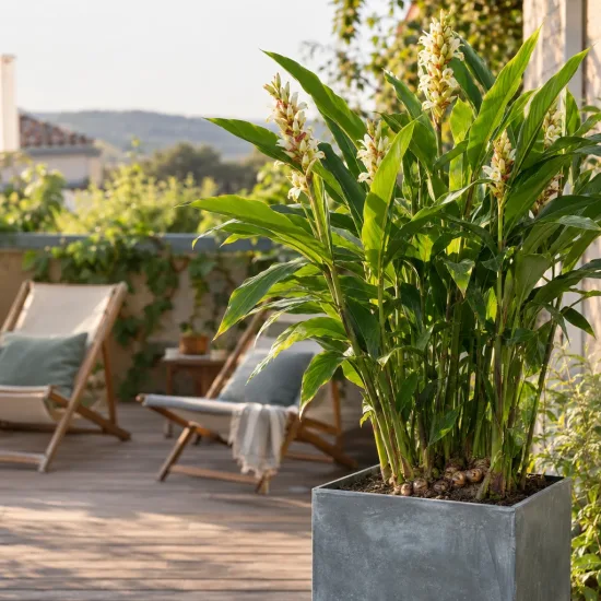 Grand galanga (Alpinia galanga) — plante tropicale fleurie sur terrasse en bois · Photo d'illustration