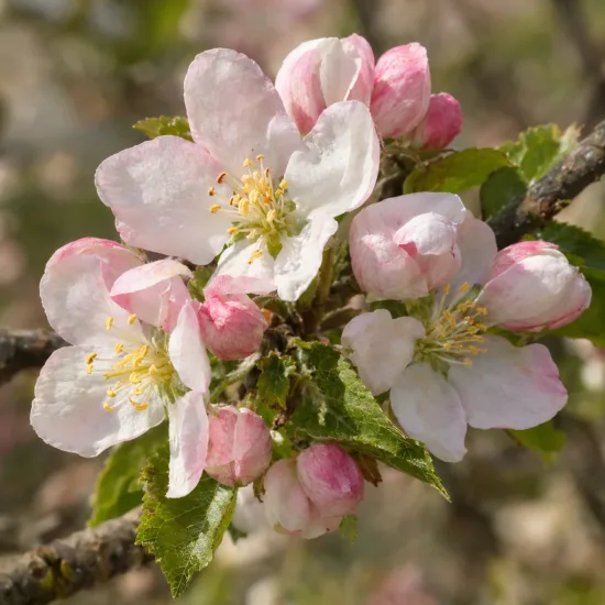 Pommier 'Eztika' (Malus domestica) — gros plan de fleurs blanches rosées sur branche · Photo d'illustration