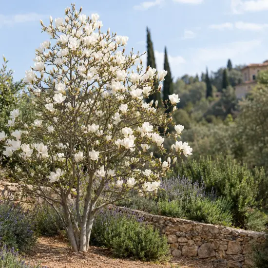 Magnolia de soulange 'Lennei alba' (Magnolia soulangeana) — arbre fleuri aux grandes fleurs blanches