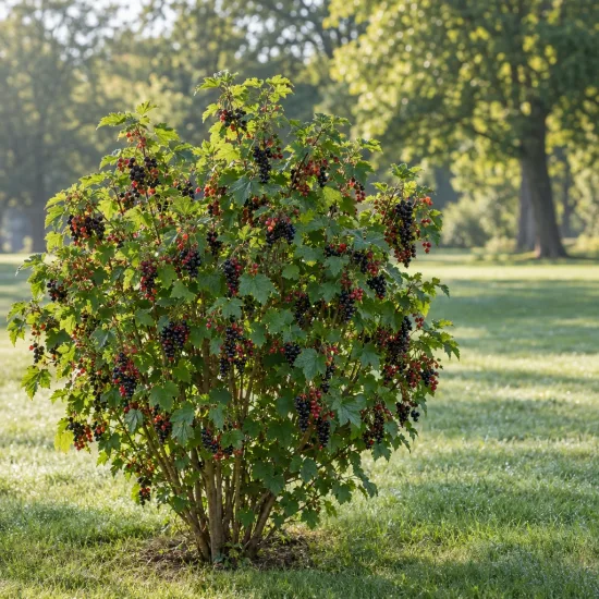 Casseillier (Ribes × culverwellii) — arbuste fruitier isolé chargé de grappes sombres · Photo d'illustration