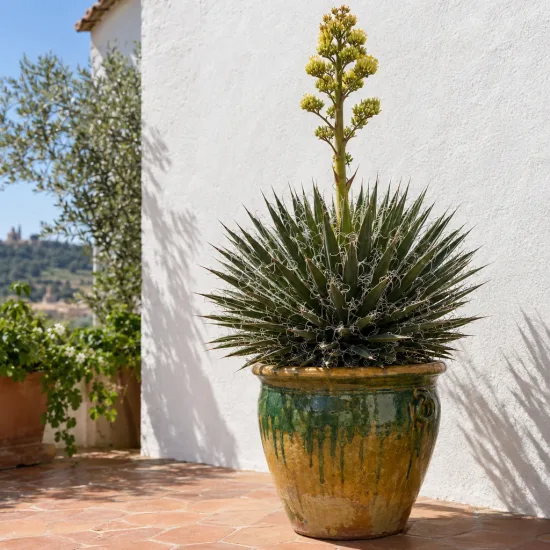 Agave filifera 'Schidigera' — rosette piquante en grand pot vernissé sur terrasse · Photo d'illustration