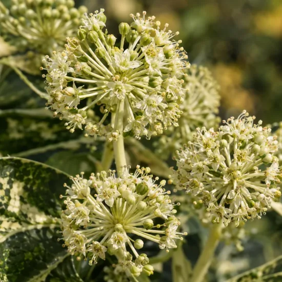 Aralia du japon 'Variegata camouflage' (Fatsia japonica) — ombelles sphériques crème devant feuillage panaché · Photo d'illustration