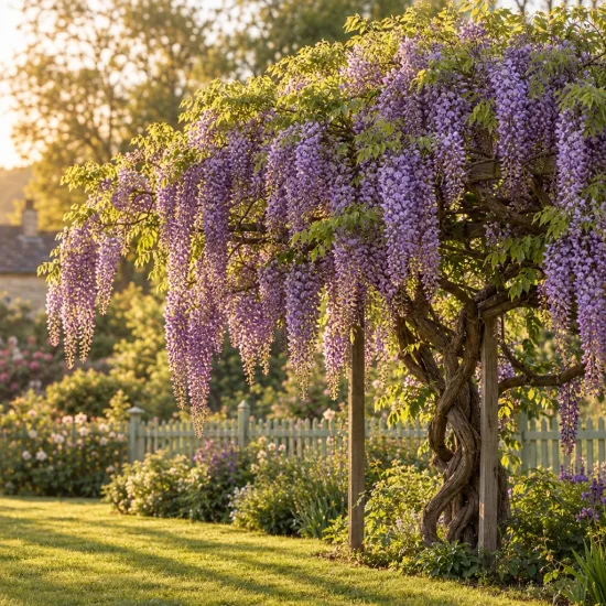 Glycine 'Black dragon' (Wisteria floribunda) — grande liane grimpante couverte de grappes violettes · Photo d'illustration