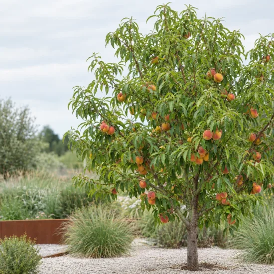 Pêcher 'Roussanne de monein' (Prunus persica) — arbre fruitier isolé chargé de fruits colorés · Photo d'illustration