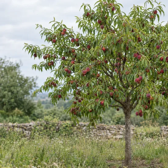 Pêcher 'Sanguine' (Prunus persica) — arbre fruitier couvert de fruits rouges · Photo d'illustration