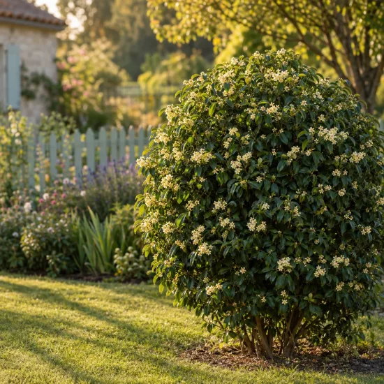 Pittospore (Pittosporum truncatum) — arbuste arrondi fleuri dans un jardin ensoleillé · Photo d'illustration