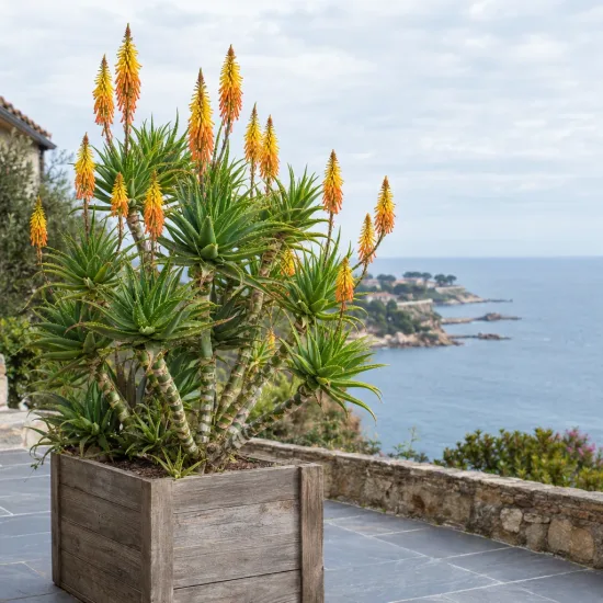 Aloès 'Artic jungle' (Aloe striatula) — plante succulente dressée en bac bois sur terrasse · Photo d'illustration