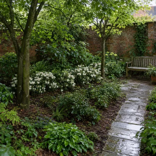 Azalée japonaise 'Olga niblett blanc' (Azalea japonica) — massif de fleurs blanches sous des arbres, allée pavée · Photo d'illustration
