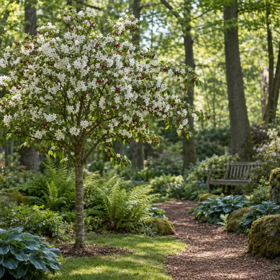 Pommier 'Braendkjaer' (Malus) — petit arbre fleuri bordant un sentier de jardin