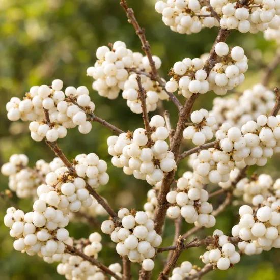 Arbre aux bonbons 'Snowstar' (Callicarpa bodinieri) — rameaux couverts de petites baies blanches rondes