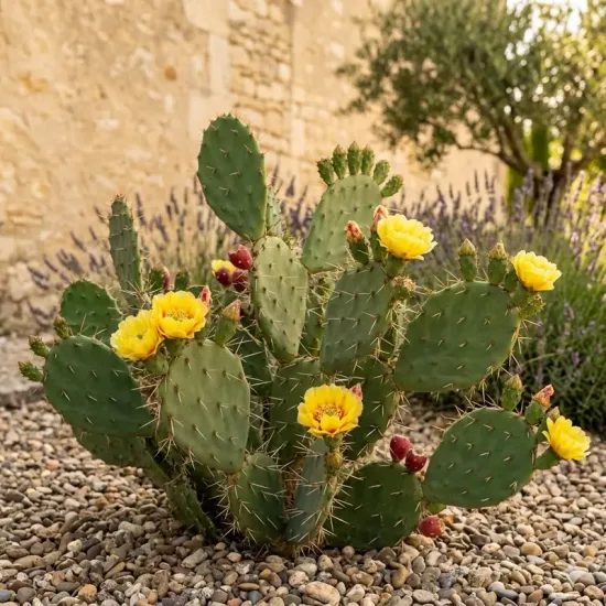 Figuier de barbarie 'Fremont' (Opuntia phaecantha) — cactus épineux avec fleurs jaunes sur graviers
