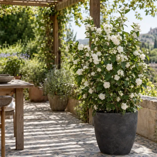 Seringat 'Of perfume' (Philadelphus) — arbuste fleuri en pot sur terrasse ombragée · Photo d'illustration