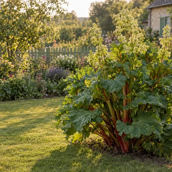 Rhubarbe géante (Rheum rhabarbarum) — grand massif de tiges rouges au feuillage large · Photo d'illustration
