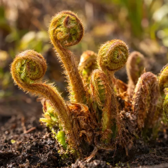Osmunda (Osmunda regalis) — jeunes frondes enroulées sortant du sol · Photo d'illustration